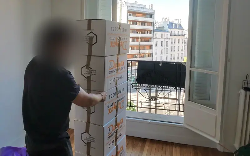 Déménageur DEMEX déplaçant une pile de cartons sur un diable
