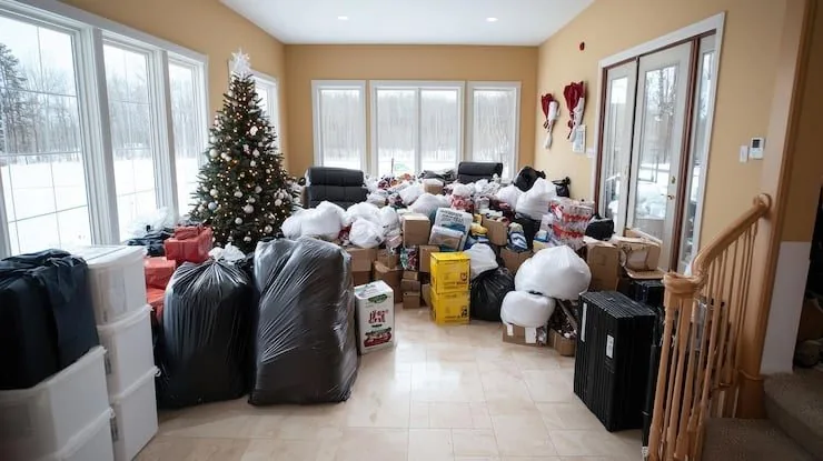 Pièce d’une maison remplie de sacs et de cartons à débarrasser